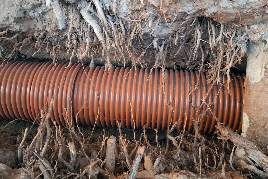 Tree roots encroaching on a sewer line in a Georgia property.